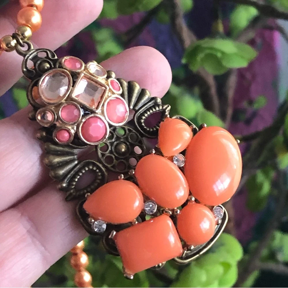 Handcrafted repurpose stone covered filigree pendant Czech glass Pearl necklace